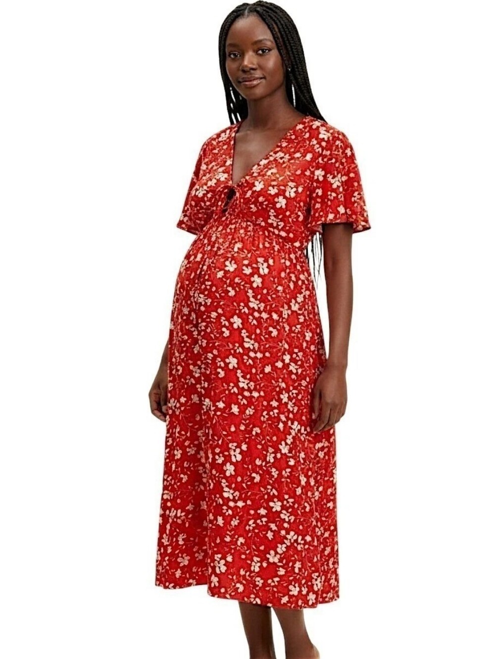 SERAPHINE Lacey Red Floral Midi Dress Nursing Maternity Flutter Sleeve NWT